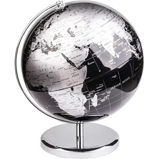 Exerz World Globe With A Metal Base, Metallic Black Earth Globe Geographic English Modern Map Desktop Decoration