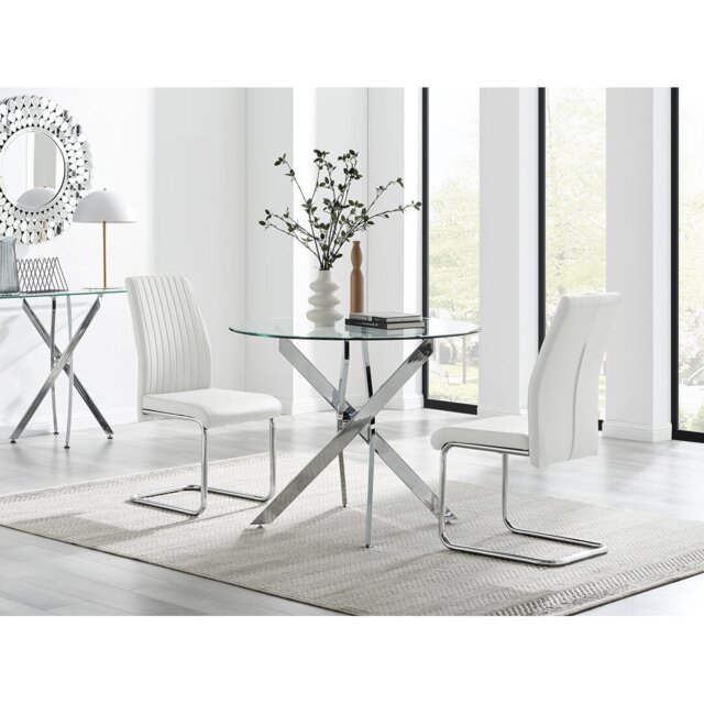 Tierra Modern Chrome Metal & Glass Round Dining Table Set with 2 Upholstered Faux Leather Chairs