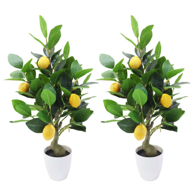 2Pcs Artificial Potted Plants 20 Inch Fake Lemon Tree, Artificial Lemons Citrus Tree with White Pot, Faux Lemons Indoor for Office Table Desk Home Liv
