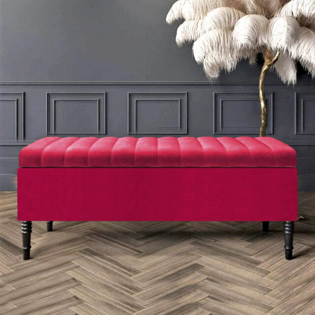 Paris Striped Ottoman Storage Bench - Upholstered Plush Velvet Shoes Bench with Black Turned Wooden Legs