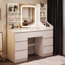 LED Dressing table 7 Drawers and 7 Storage Shelves Dressing Table With Mirror Large Desktop Makeup Desk