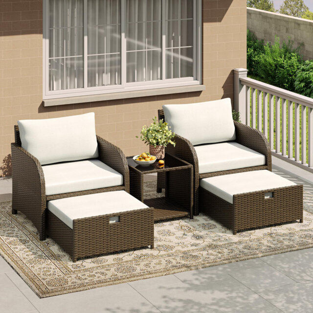 5 Pieces Patio Furniture Set, Wicker Conversation Set with Cushioned Chairs, Outdoor Patio Sofa Set with Tempered Glass Table, Waterproof Cushions for