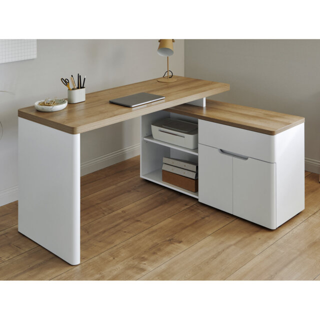 Hollice 140Cm W L-Shape Credenza Desk with Cabinet