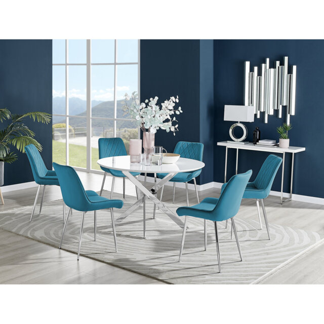 Tierra Modern Chrome Metal & Glass Round Dining Table Set with 6 Luxury Faux Leather Chairs