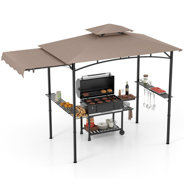 318 X 153 Cm Grill Gazebo W/ Side Awning Outdoor Barbecue Canopy Tent-Coffee