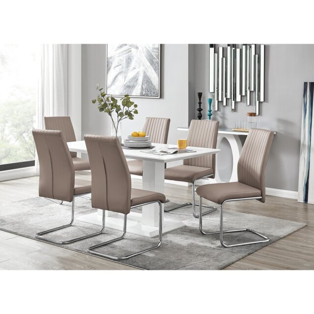 Edzard Double Pedestal High Gloss Dining Table Set with 6 Luxury Faux Leather Dining Chairs