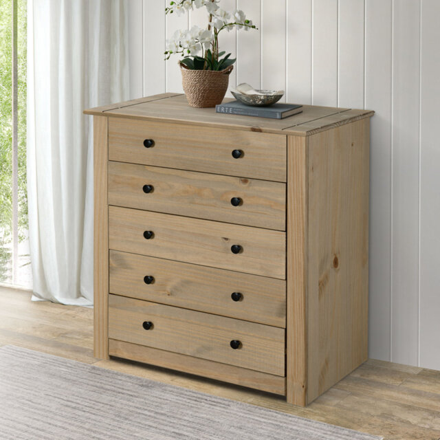 Adelman 5 Drawer Chest Of Drawers Solid Pine Wood Waxed Oak Finish