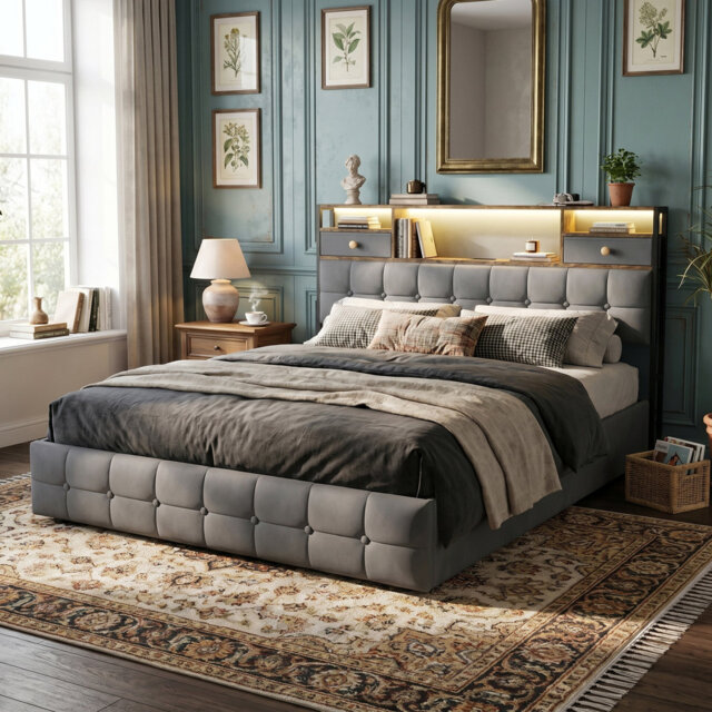 Velvet Ottoman Bed with RGB LED & Charging Station, Tufted Storage Headboard with Drawers, Beige/Grey, EU Double & King Size 140/160x200cm
