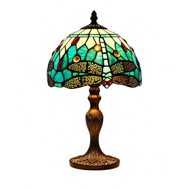 Kull Classic Tiffany Style Table Lamp, 20cm Stained Glass Dragonfly Shade, 37cm Height, (Aqua Blue)