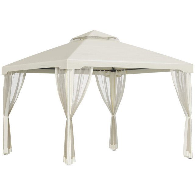 Cream White Steel Frame 2-Tier Polyester Canopy Gazebo, Full Surround Mesh Curtains, 3m×3m Patio Shelter with Stakes & Guy Ropes