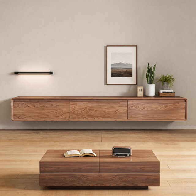 Floating Tv Unit With 3 Drawers & Extendable Coffee Table Set, Modern Walnut Finish Wall Mounted Tv Stand, 200Cm Large Storage Media Console Entertain