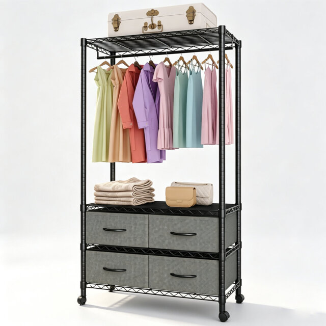 "683 lbs Metal Clothing Rack – Freestanding Wardrobe with Hanging Rod, 4 Drawers & Adjustable Shelf – 35.2""W x 15.4""D x 71.5""H for Bedroom, Closet, Lau"