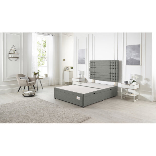 Luxara Solid Wood Ottoman Bed Side Opening with Upholstered Headboard Linen Fabric