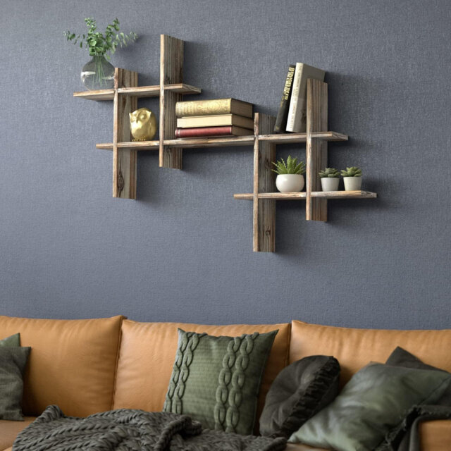 Rustic Wall Shelves Set Of 2 - Wall-Mounted Wood Display Vintage Curio Organiser, Antique Style Rack For Bathroom, Kitchen, Bedroom - MK511A (Rustic W