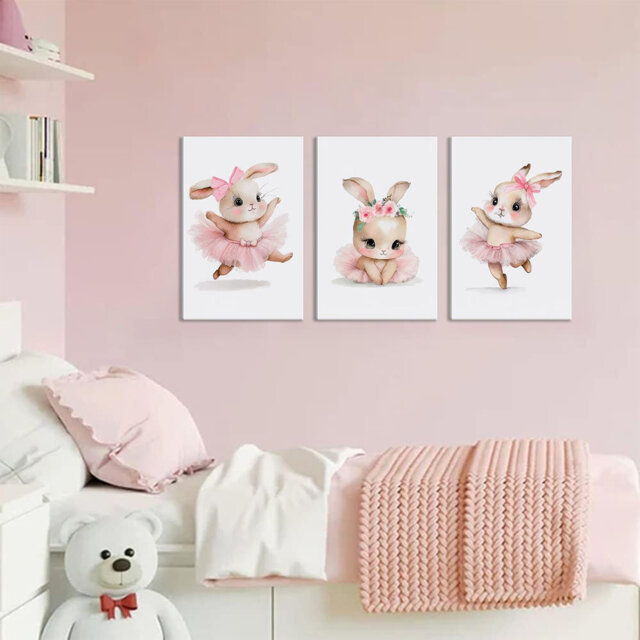 3 Pcs Pink Bunny Canvas Wall Art For Nursery Baby Room Cute Posters Prints Wall Decor Pictures Pink Preppy Dress Rabbit Ballet Paintings Artwork For G