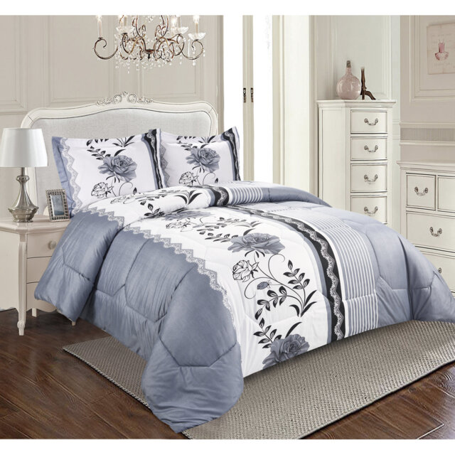 Printed Bedspreads 3 Piece Trendy Grey Comforter Bed Throw with Matching Pillow Shams