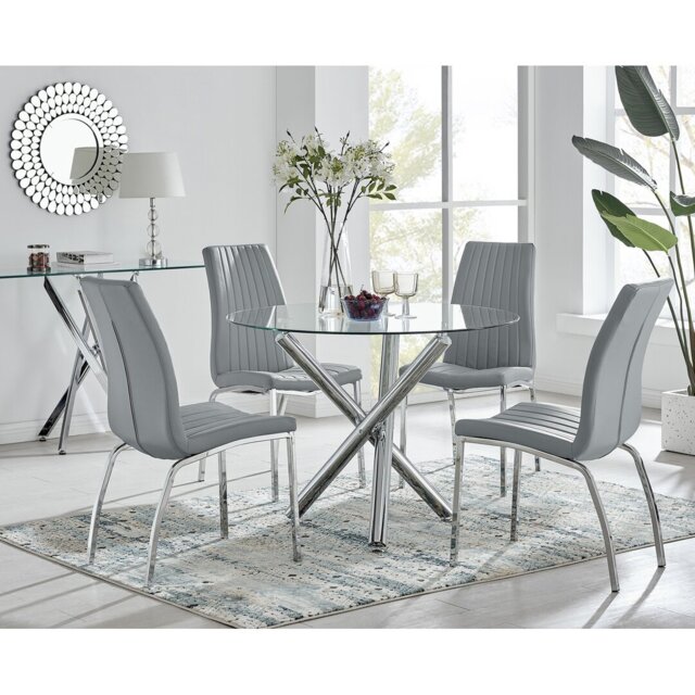 Seline Modern Round Dining Table Set in Glass and Chrome with 4 Soft Touch Faux Leather Chairs