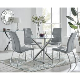 Seline Modern Round Dining Table Set in Glass and Chrome with 4 Soft Touch Faux Leather Chairs