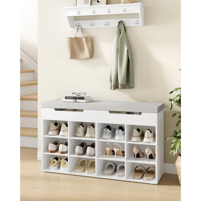 Shoe Storage Bench with Padded Seat, Shoe Rack Bench with 12 Compartments, Hidden Storage, Adjustable Shelves, Shoes Cabinet with Cushion for Living R