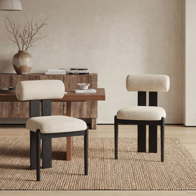 Mid-Century Modern Wooden Dining Chairs, Upholstered Fabric with Sculptural Backrest & Solid Wood Legs