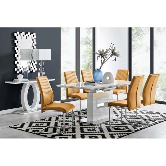 Alezzo Modern High Gloss Extendable Dining Table Set with 6 Upholstered Faux Leather Dining Chairs