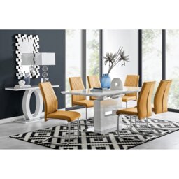Alezzo Modern High Gloss Extendable Dining Table Set with 6 Upholstered Faux Leather Dining Chairs