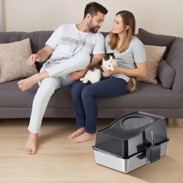 Stainless Steel Cat Litter Box Enclosed, Large Stainless Steel Cat Litter Tray with Lid/Scoop, Extra Deep Covered Toilet for Cat Kitten, Odour-Resista