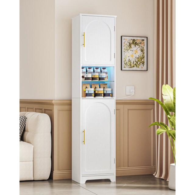Tall Bathroom Cabinet with Lights, Slim Bathroom Storage Unit with 2 Doors and Adjustable Shelves, Narrow Storage Unit for Small Spaces, 30 x 40 x 170