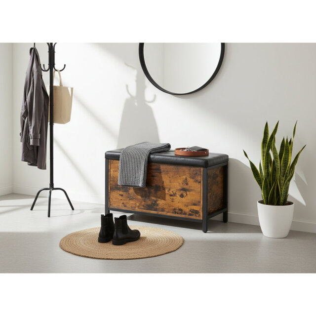 Industrial Storage Bench With Padded Seat For Entryway & Bedroom