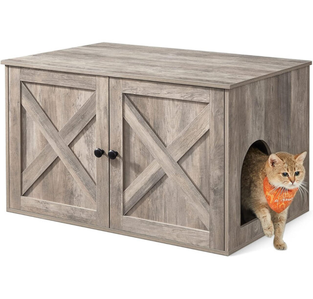 Cat Litter Box Enclosure, Hidden Furniture with Removable Divider, End Table, Indoor Cat House