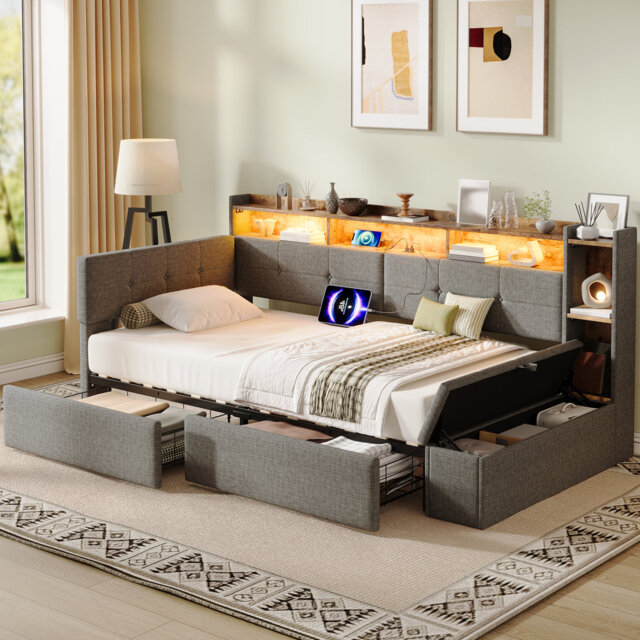 Beige Linen Single Daybed, 1 Piece Set, with Hydraulic Storage, with USB Charging, with LED Lighting, with Headboard Storage, with Ottoman Chaise
