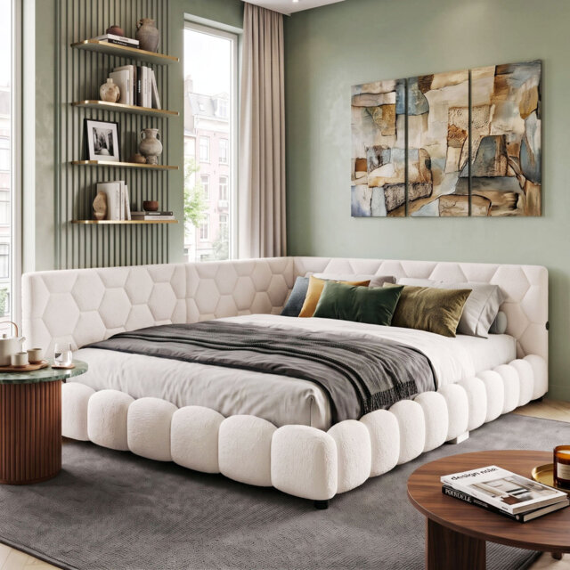 EU Double Boucle L-Shaped Daybed with LED Lights & USB Charging Station, Upholstered Smart Bed Frame, Pink & White, 140x200cm
