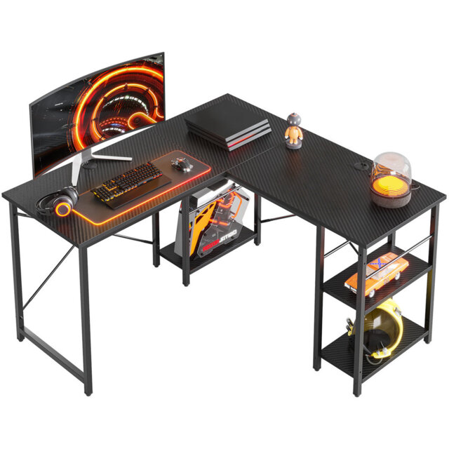Aaleeyah L Shaped Farmhouse Computer Desk, 75 Inch Reversible Corner Office Desk with Shelves