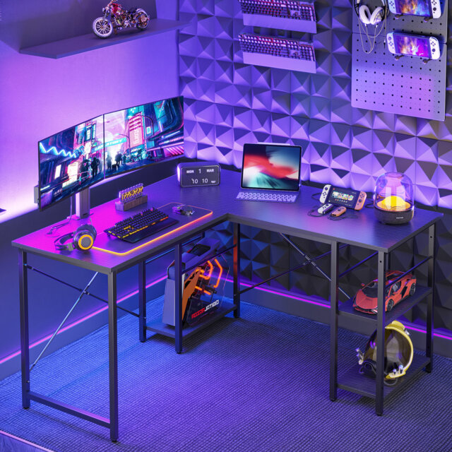 Aaleeyah L Shaped Farmhouse Computer Desk, 75 Inch Reversible Corner Office Desk with Shelves
