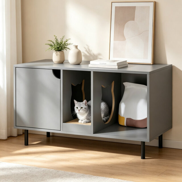 Grey Hidden Cat Litter Box Enclosure Cabinet, Indoor Wooden Cat House End Table with Dual Cabinets & Removable Litter Trapping Mat, Concealed Cat Wash