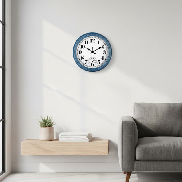 "12"" Waterproof Retro Wall Clock Silent Quartz Thermometer Indoor Outdoor Decor Blue"