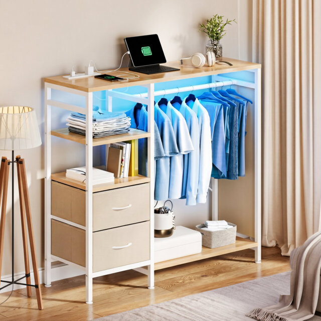 LED Lighted Coat Rack with Hanging Rail and 2-Drawer