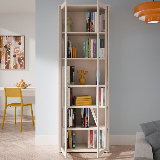 Modern minimalistic tall display cabinet with 2 glass doors, 5 shelves, engineered wood, beige, 74.5 cm W x 214.3 cm H x 34.9 cm D