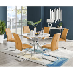 Tierra Modern Chrome Metal & Glass Round Dining Table Set with 6 Upholstered Faux Leather Chairs