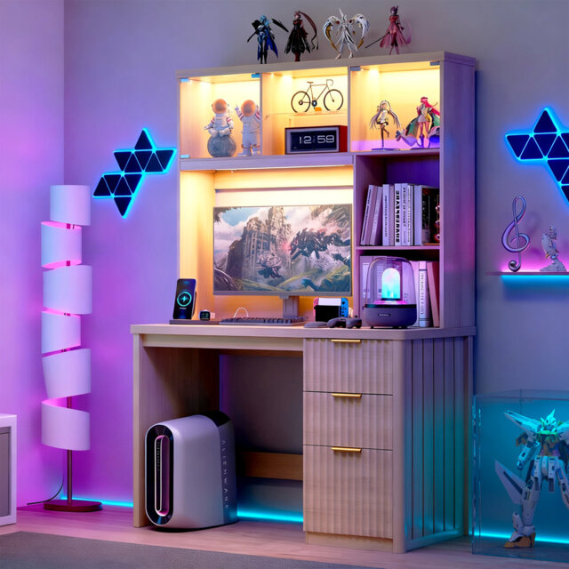 Home Office Desk With File Drawer, Led Lighting And Smart Sensor, Computer Desk With Hutch And 3 Drawers