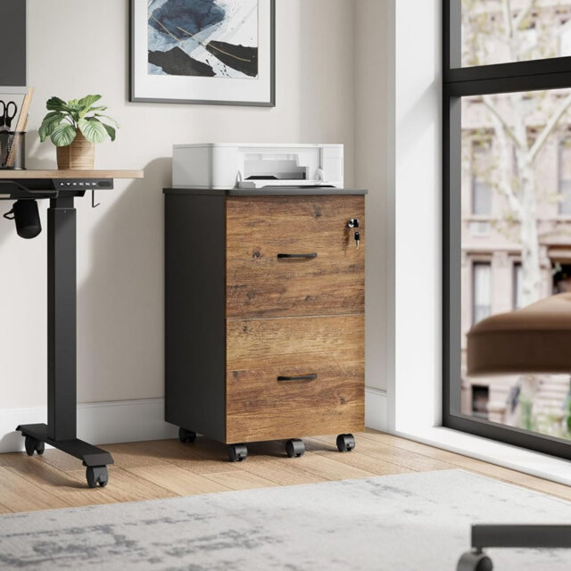 Honey Brown and Ink Black 2-Drawer Locking File Cabinet, Rolling Printer Stand