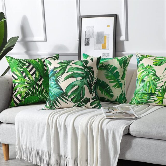 Set Of 4 Decorative Cushion Covers 45X45cm, Tropical Plants Pattern Waterproof Throw Pillow Covers, Perfect To Outdoor Patio Garden Bench Living Room