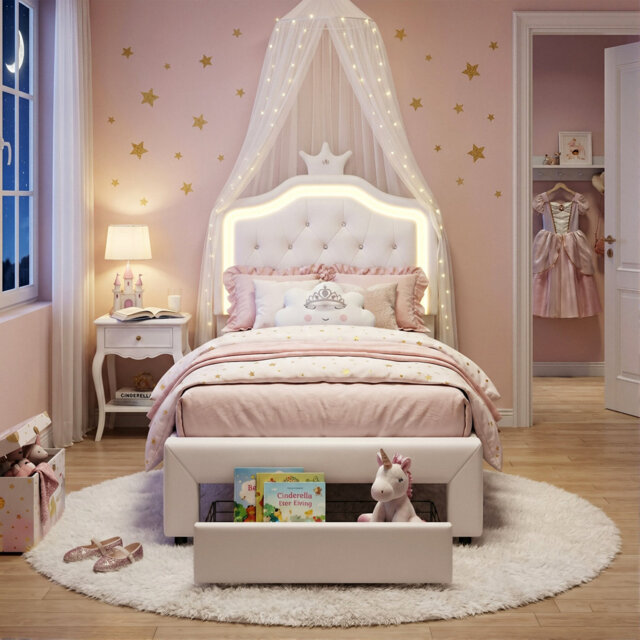 UK Single Princess Bed With LED Crown Headboard & Storage Drawer, Pink & White Faux Leather