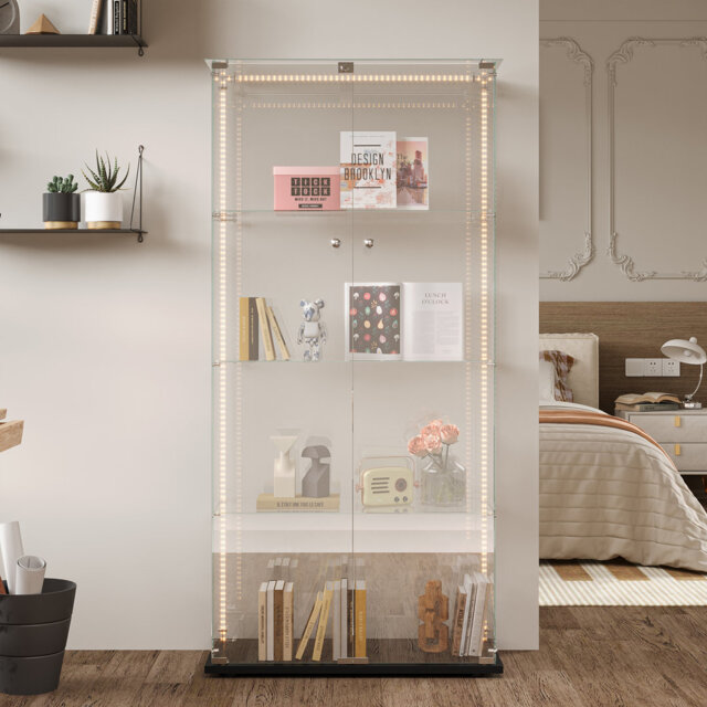 Frihart LED Glass Display Cabinet with Lockable Door, Curio Display Case for Collectibles, Books, Figurines and Home Décor