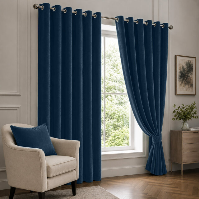 Navy Velvet Eyelet Curtains Room Darkening Window Panels Soft Touch Pair