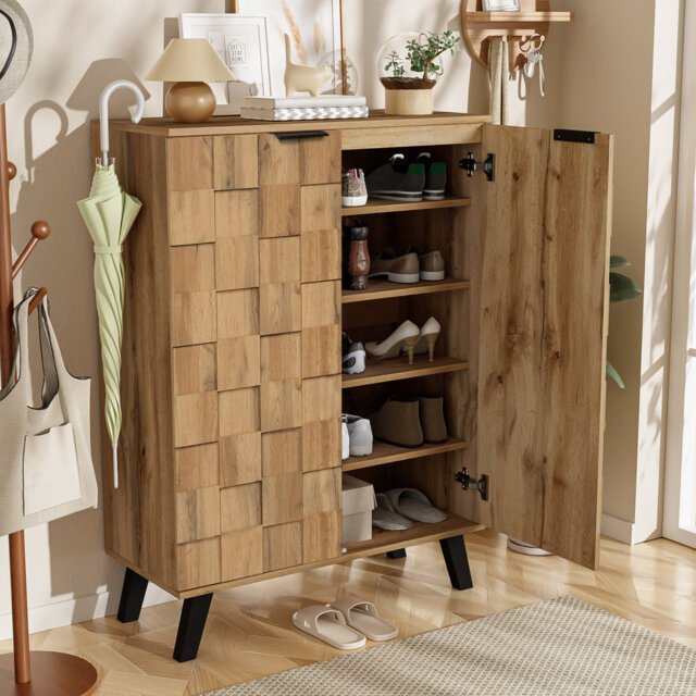 Modern Shoe Cabinet With Adjustable Shelves - 80Cm Textured Door Storage Organizer
