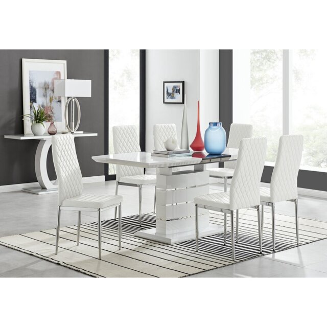 Renne Modern High Gloss Extendable Dining Table Set With 6 Quilted Faux Leather Dining Chairs