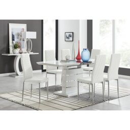 Renne Modern High Gloss Extendable Dining Table Set With 6 Quilted Faux Leather Dining Chairs