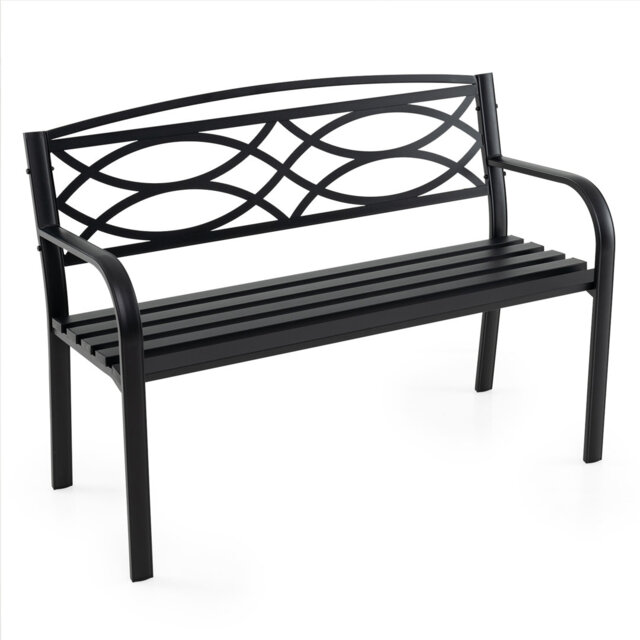 116CM Garden Bench Black Heavy-Duty Metal Slatted Loveseat For 2 People
