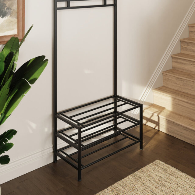 Maxstadt Black Metal Hallway Coat Hanging Rail With 3 Tier Shoe Rack
